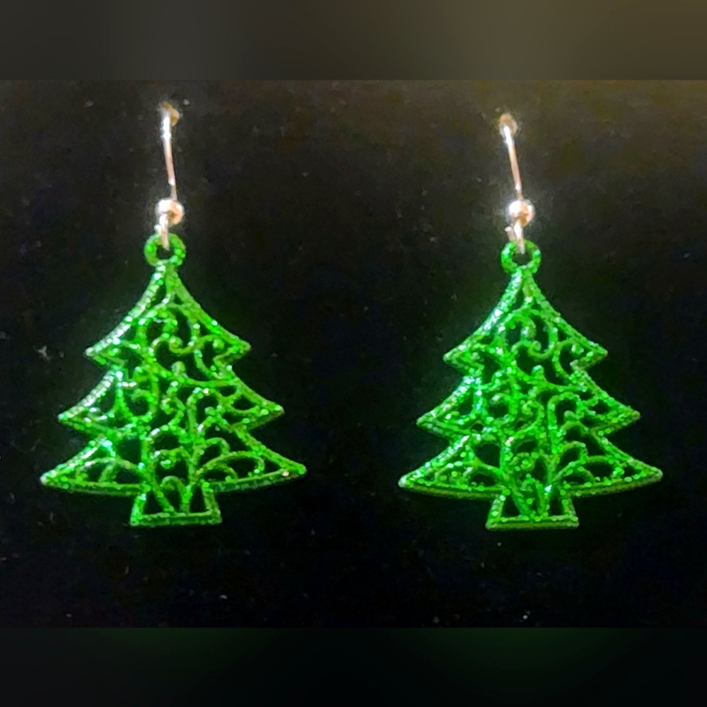 Ladies Glittery Jewelry Dangling Christmas Tree Earrings